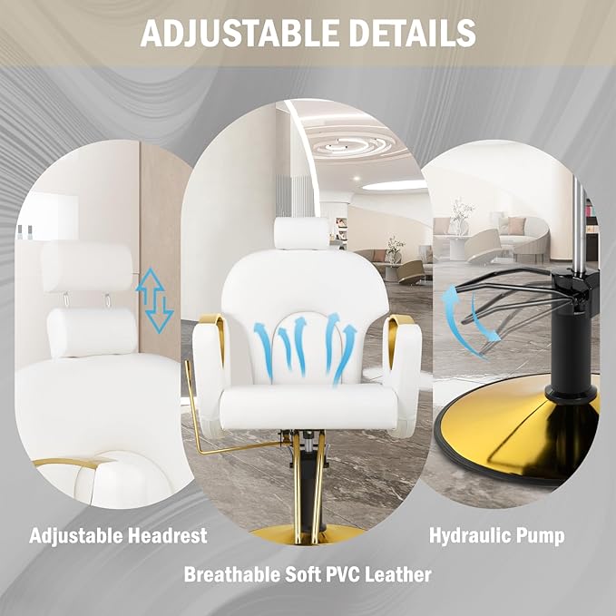 Salon Chair for Hair Stylist, Reclining Hair Salon Chair for Home, Barber Styling Chairs with Heavy Duty Hydraulic Pump, 360 ° Swivel, Multi-Function Beauty Spa Equipment White Gold