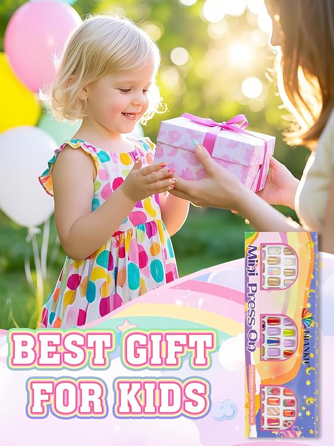 72 Pieces Press on Nails Girls, EBANKU Children Fake Artificial False Nail Tips Pre Glue Full Cover Gold Strawberry Press on Nails for Kids 7-12 Years