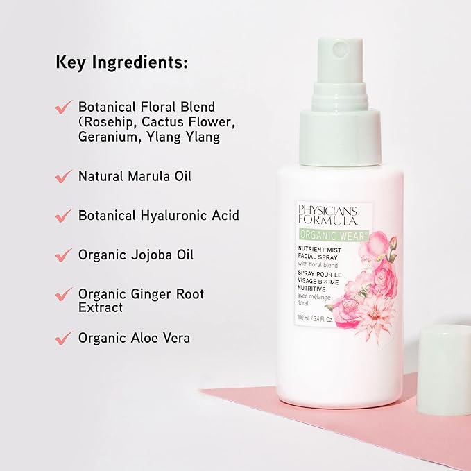 Physicians Formula Organic Wear Nutrient Mist Facial Spray, Botanical Infused, Dermatologist Approved, Vegan, Gluten Free, Tone, Balance, And Prep Skin