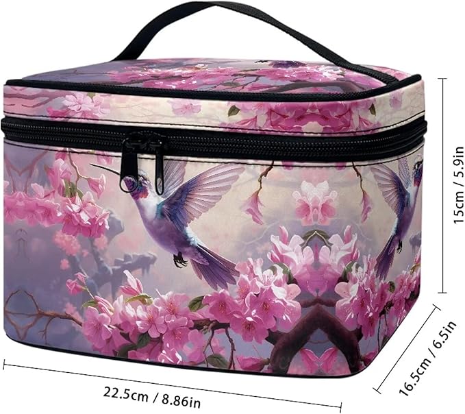 Hummingbird and Pink Flowers Print Travel Makeup Bags for Women Portable Tote Cosmetic Case with Carry Handle Toiletry Accessories Storage Organizer Bags