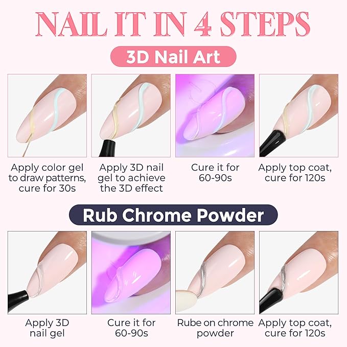 3D Gel Nail Art: 4 in 1 3D Nail Sculpting Gel for Molding, Drawing, Chrome Powder, Rhinestone Charms Glue, No Wipe Clear for DIY Fall Christmas Nail Art at Home, Lamp Curing Needed