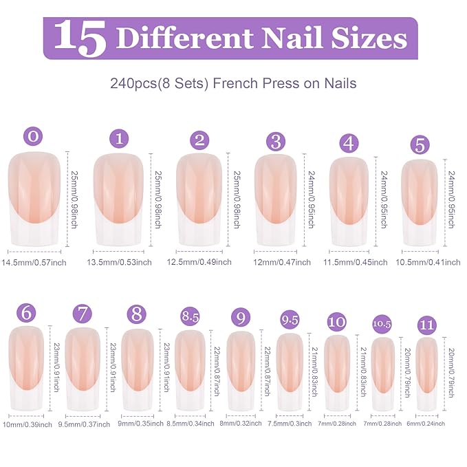 Teenitor French Tip Nails - Long Square Press On Nails, 15 Sizes