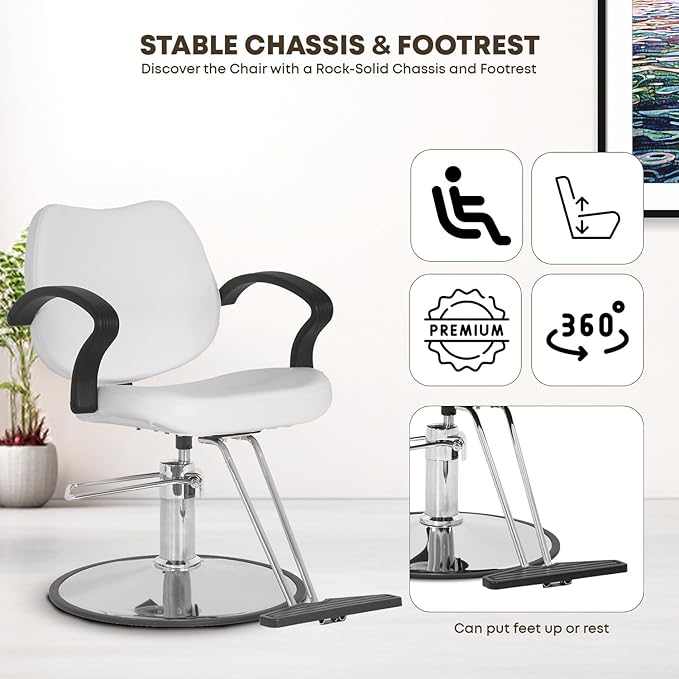 Barber Chair - Heavy Duty Hydraulic Pump Hair Cutting Chair with 360 Swivel, Ergonomic Design for Women & Men, White