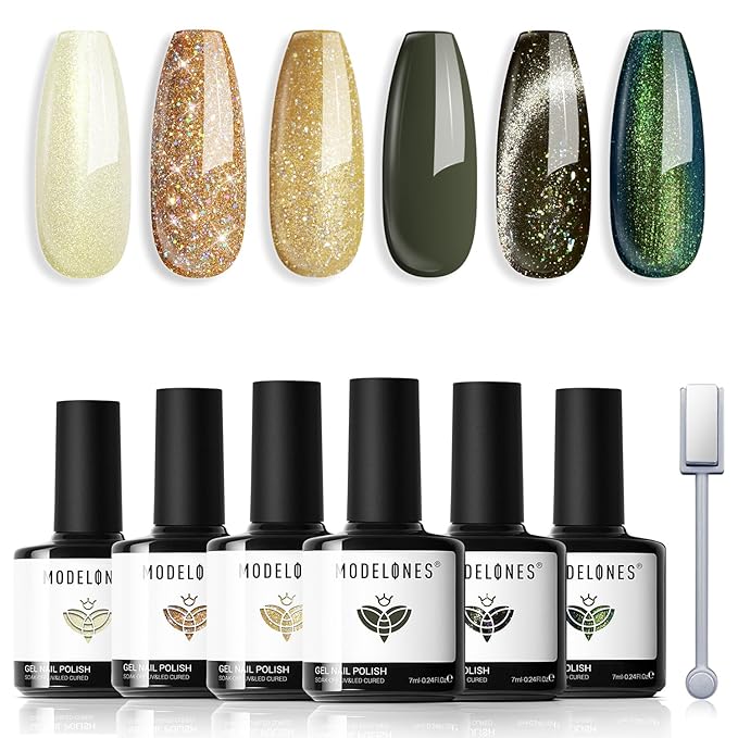 modelones Gel Nail Polish Set, 6 Colors Fall Winter Green Gold Yellow Sparkle Reflective Glitter Gel Polish Dark Green 9D Cat Eye Nail polish with Magnet Soak Off LED Nail Art Kit DIY Gift