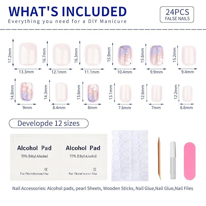 Short Square Press On Nails, Beige Fake Nails with Blossom Floral and Gold Foil Design, Glossy Reusable Acrylic Nails Kit for Women, Natural Look, 24Pcs Glue-On Set