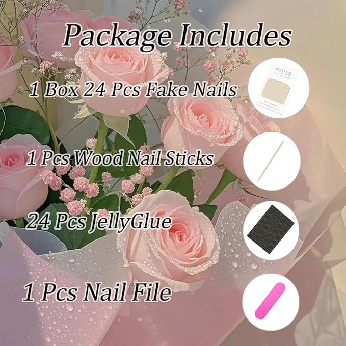 24Pcs Press on Nails Short Almond Fake Nails Nude with Gold Flower Design French Tip False Nails Glitter Stick on Nail Full Cover Cute Glue on Nail Acrylic Art Kit for Women DIY Manicure Kit