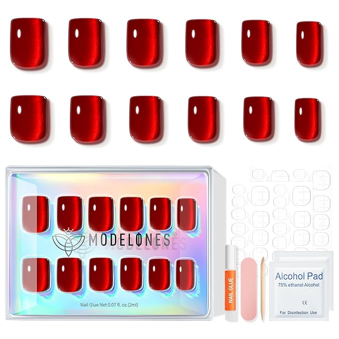 Modelones Red Cat Eye Press on Nails, Christmas Short Square Fake Nails, Reusable Nail Kit with Nail Glue Adhesive Tabs Mini Nail File, Nails Press Ons 32Pcs16 Sizes, Women Girl Gift