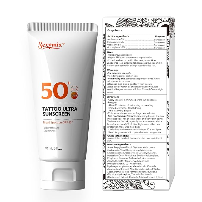 Sexymix Tattoo Sunscreen Lotion, Tattoo Aftercare SPF 50 90mL Sunscreen Lotion, Waterproof, Prevents Tattoo Fading, Non-Greasy