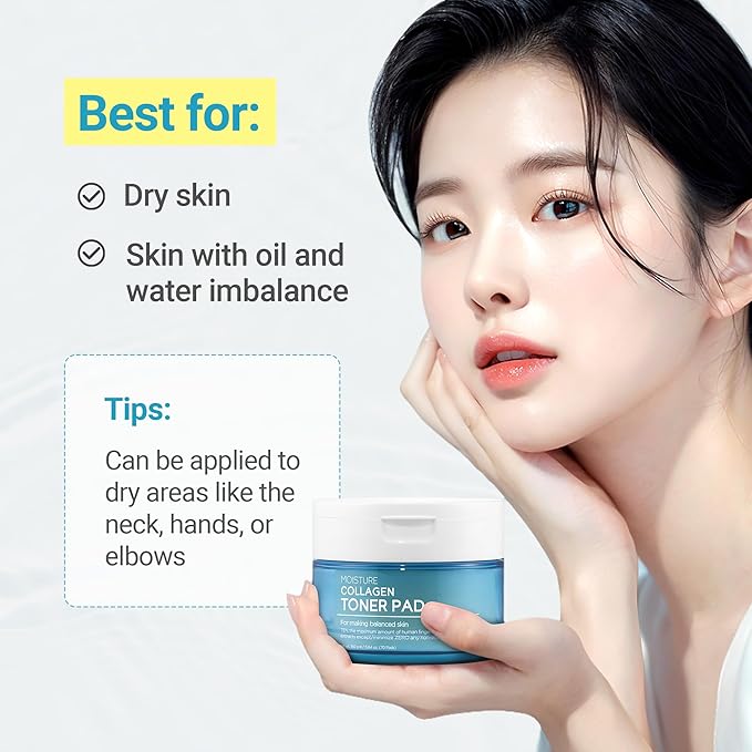 TENZERO Moisture Collagen Toner Pad (70 Count, 160g), 100% Natural Cotton, Hydrating Moisturizing Glowing Face Toner Pads, Gentle Exfoliate & Improve Elasticity, Korean Facial Toner, Dry & Dull Skin