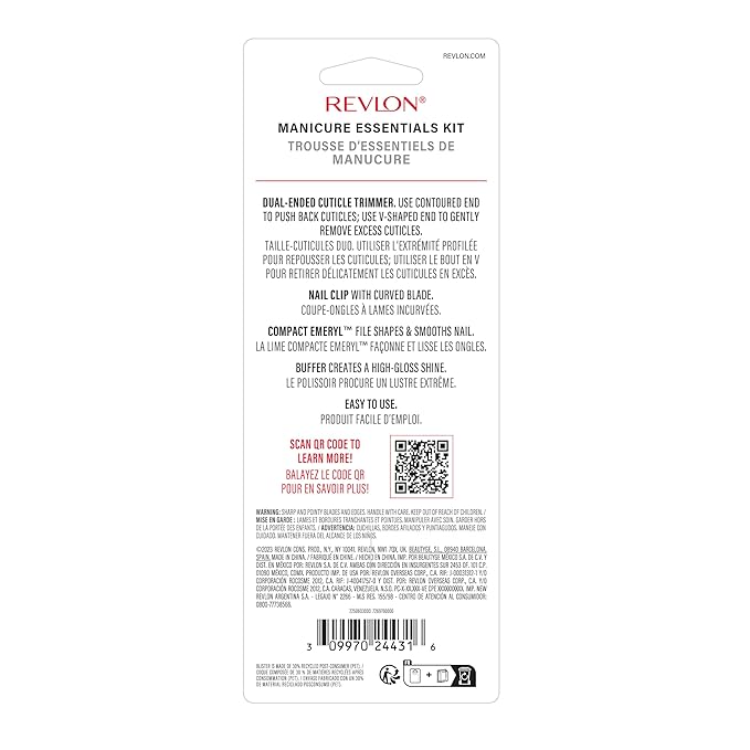 Revlon Manicure Essentials Kit with Travel Case, Nail Care Set with Dual Ended Cuticle Trimmer, Curved Blade Clippers, Compact Emeryl File & Buffer (Pack of 1)