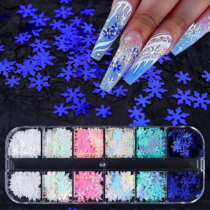 12 Grids 3D Snowflake Nail Art Stickers - Holographic Laser Decals for Christmas Nails - Xmas White Sequins for Nail Decoration - Winter Snow Flakes
