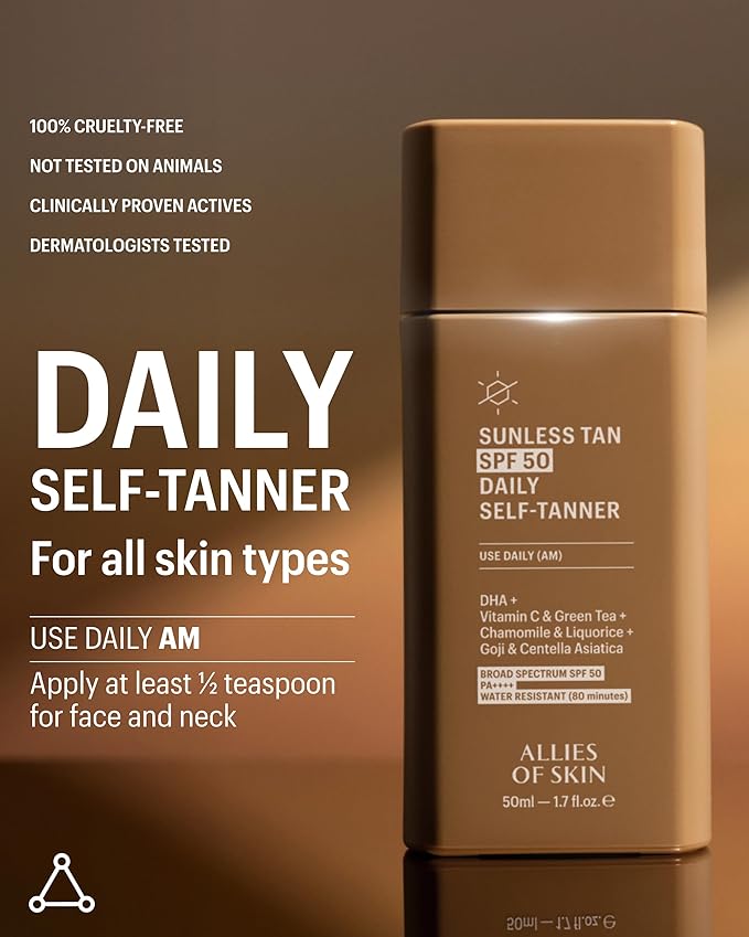 Allies of Skin Daily SPF 50 Daily Self Tanner for Face | Buildable Natural Tan with Sunscreen and Vitamin C | Lightweight Gel Formula for Streak-Free Finish and Glow (1.7 Fl oz)