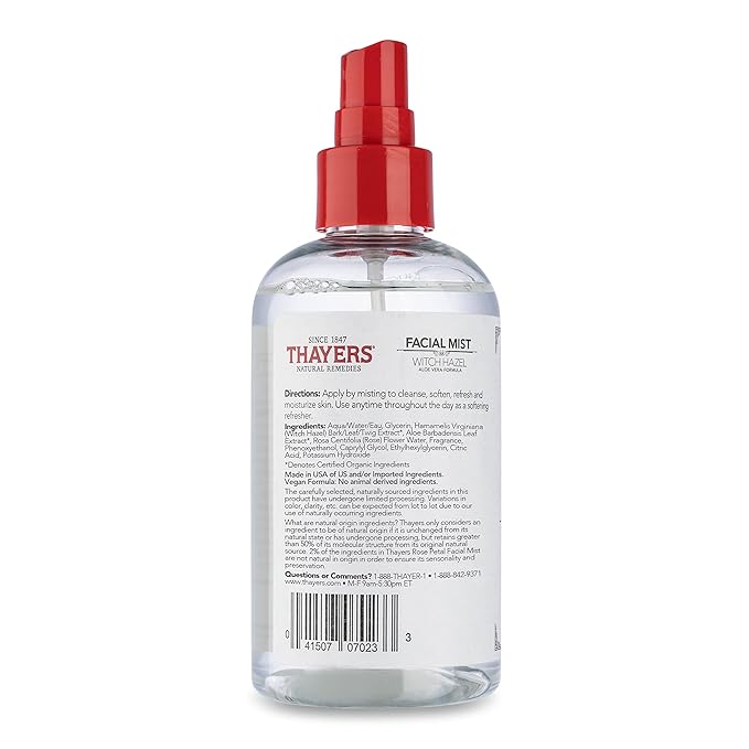 Thayers Alcohol-Free Witch Hazel Facial Mist Toner with Aloe Vera, Rose Petal, Soothing and Hydrating, For All Skin Types, 8 oz