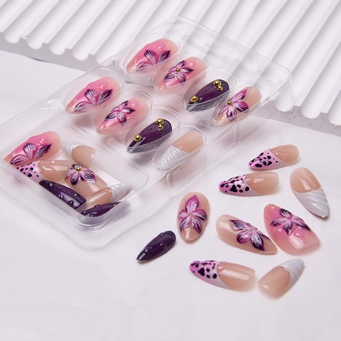 Flowers Fake Nails French Tip Press on Nails 3D Purple Floral Acrylic Nails Medium Almond False Nails with Designs Nail Charm Glue on Nails Soft Gel Wavy Artificial Nails for Women Girls Manicure Art