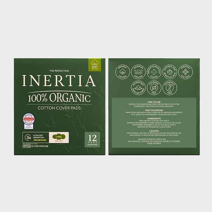 INERTIA 100% Organic Cotton Pads - The Perfection - Heavy Absorbency (12 Counts), Ultra Fast Absorption