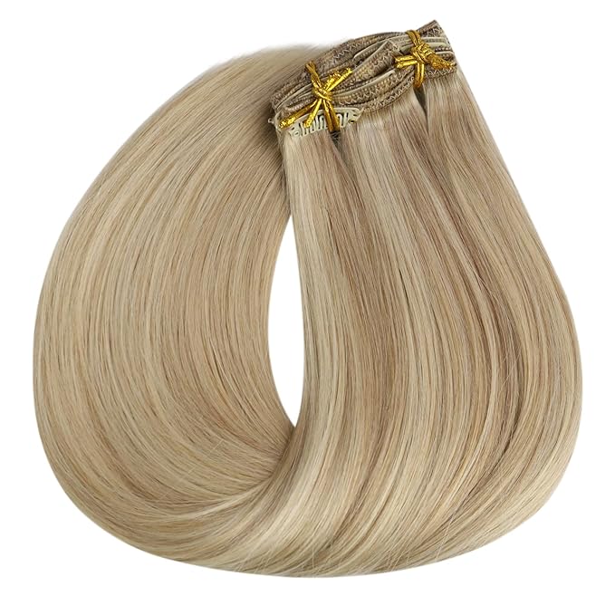 Full Shine Clip in Hair Extensions Human Hair Butter Blonde Highlights Platinum Blonde Clip in Human Hair Extensions Double Weft 7 Pcs 120 G 14 Inch