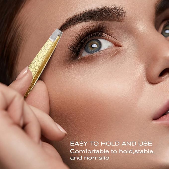 4-Pcs Glitter Stainless Steel Precision Tweezer Set for Eyebrows, Ingrown Hair & Lash Extensions (Gold)