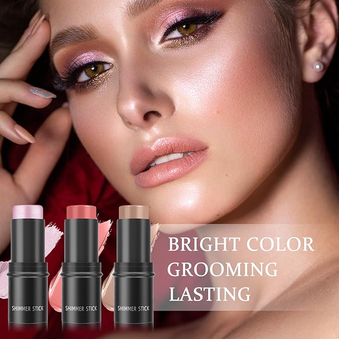 3-in-1 Cream Contour Stick with Highlighter, Bronzer, Illuminator & Blush, Face Contour Stick Makeup with Brush & Sponge, Long Lasting