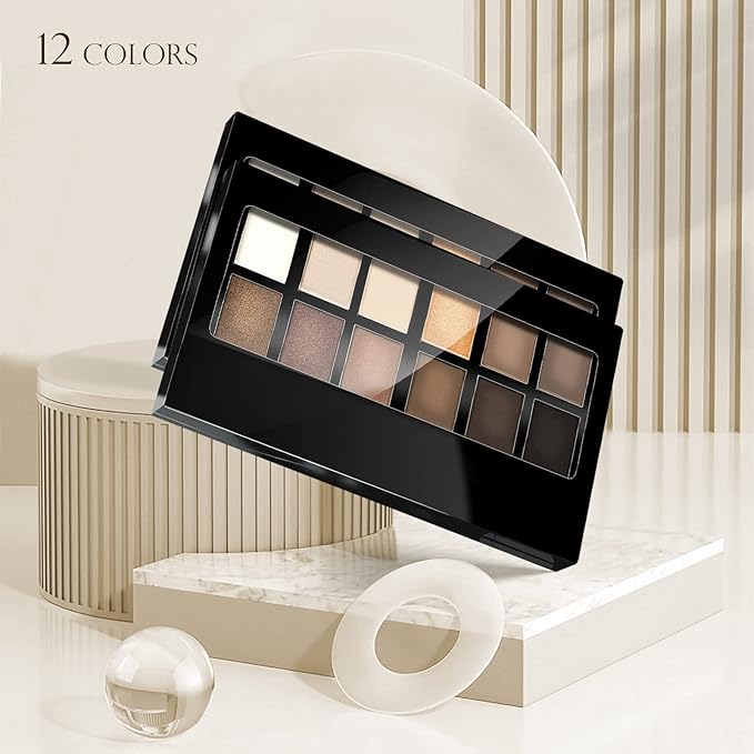 Naked Eyeshadow Palette, 12 Natural Nude Colors Longwearing Makeup, Matte Shimmer Blendable Eyeshadow Makeup Palette with Double-Ended Makeup Brush Neutral Shades for Every Day
