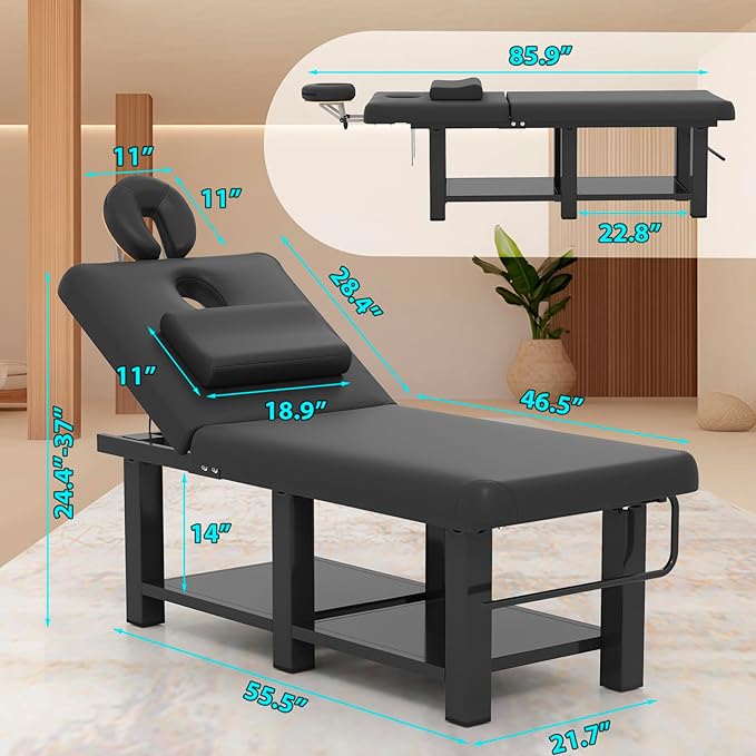 Professional Massage Table Heavy Duty - Adjustable Spa Facial Bed with Open Chest & Headrest, PU Leather, Metal Frame for Physical Therapy, Tattoo, Salon, Treatment - Black