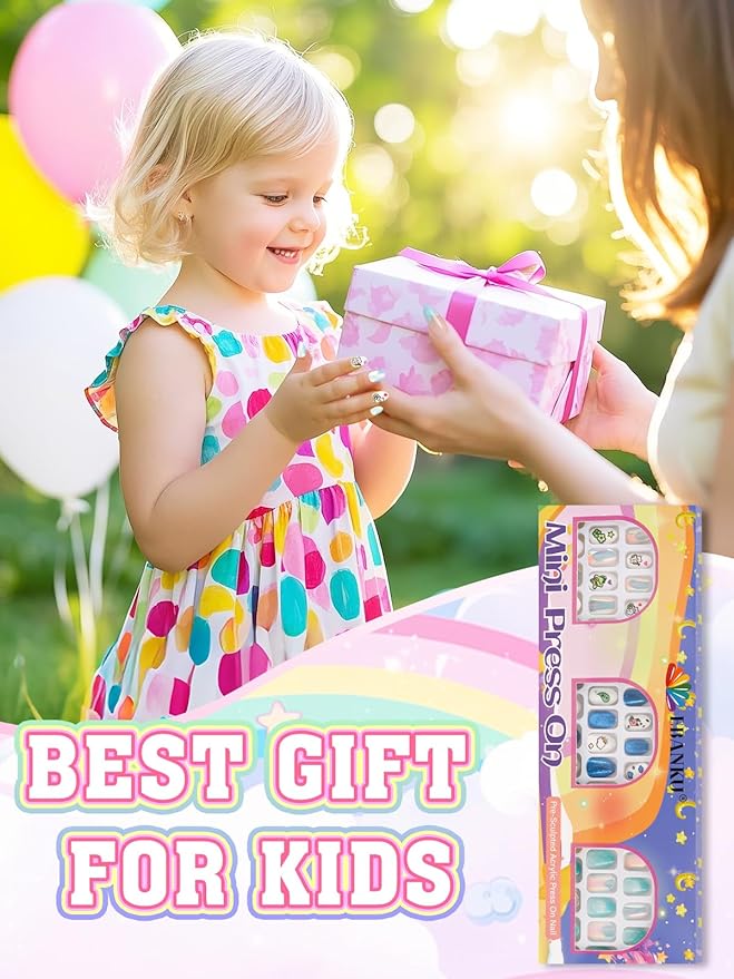 72 Pieces Press on Nails Girls, EBANKU 3 Pack Children Fake Artificial False Nail Tips Pre Glue Full Cover for Kids Nail Art Decoration