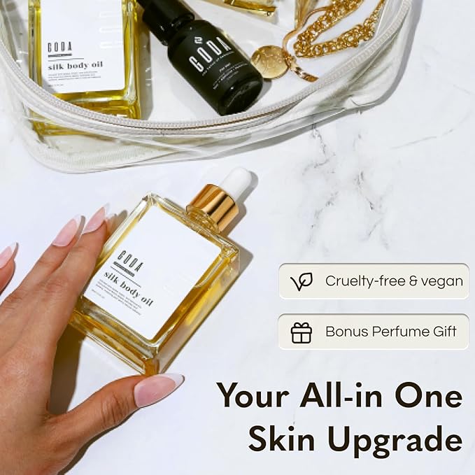 GODA Silk Body Oil Women - Firming Anti Aging Moisturizing Formula, Crepey Skin Hydrating After Shower, Scented Organic Blend Premium Skincare