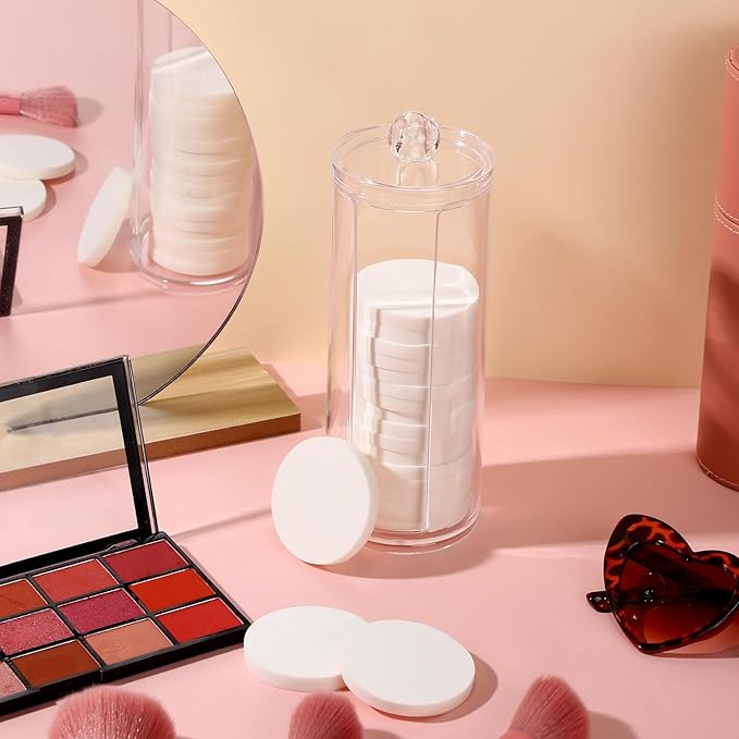 Dandat 20 Pcs Round Makeup Sponge with Acrylic Container Compact Powder Puff Cosmetic Sponge Round Foam Pad Beauty Face Makeup Foundation Powder Blender for Wet and Dry Dual Use(White)