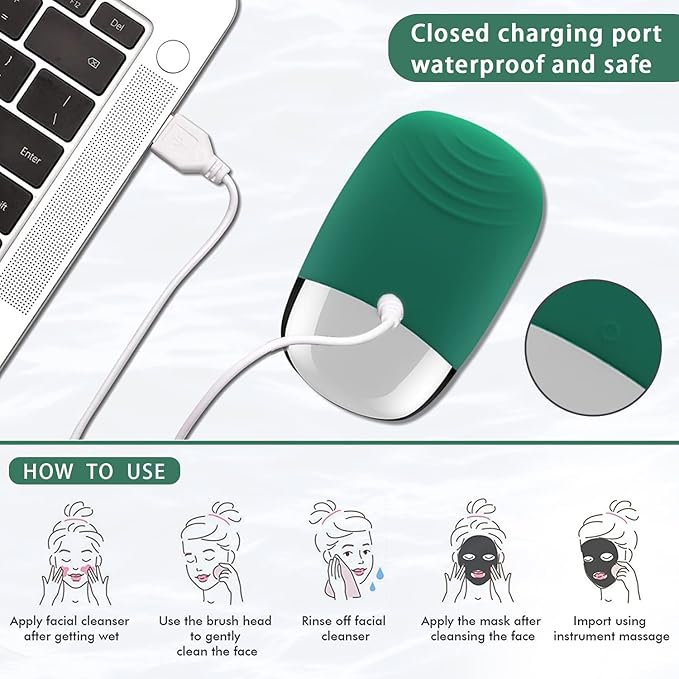 Facial Cleansing Brush, 3-in-1 Electric Silicone Face Scrubber, Vibrating Massager, IPX7 Waterproof, USB Rechargeble Pore Brush for Deep Cleanning, Blackhead Remover, Exfoliating (Green)