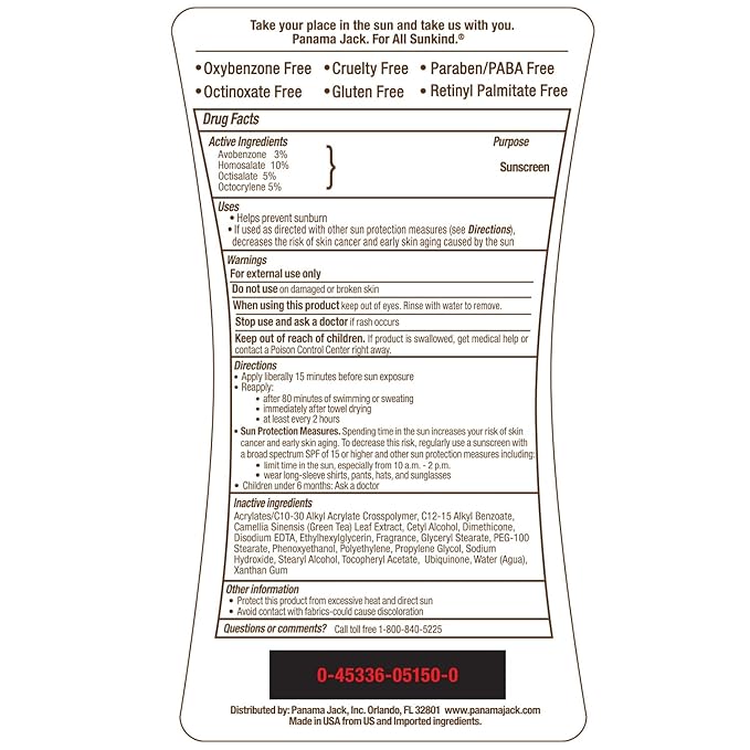 Panama Jack Sunscreen Suntan Lotion - SPF 50, Broad Spectrum UVA/UVB Protection, PABA, Paraben, Gluten & Cruelty Free, Water Resistant (80 Minutes), 6 FL OZ