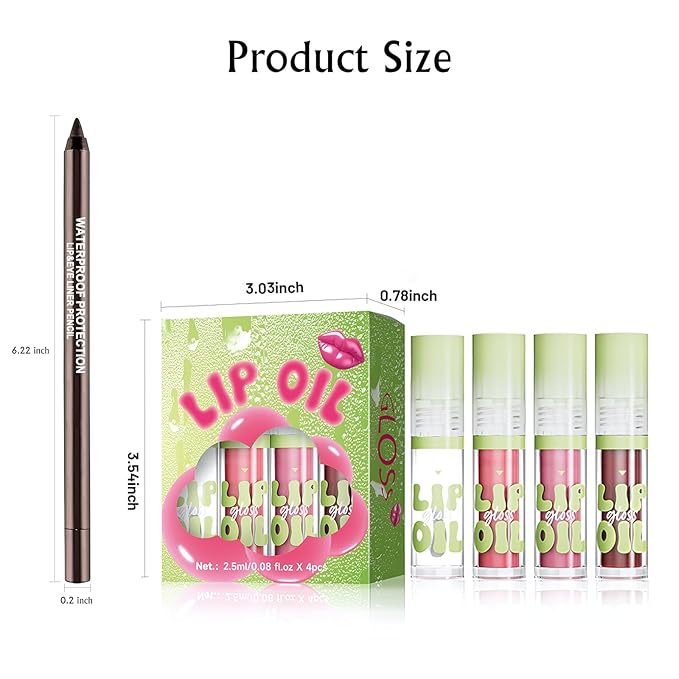 4 Colors Lip Oil with Brown Lip Liner Set, Hydrating Lip Combo Moisturizing Tint Lip Gloss Smooth Highly-Pigmented Matte Lip Liner Pencil Nourishing Non-sticky Shaping Plumping Lips Daily Makeup