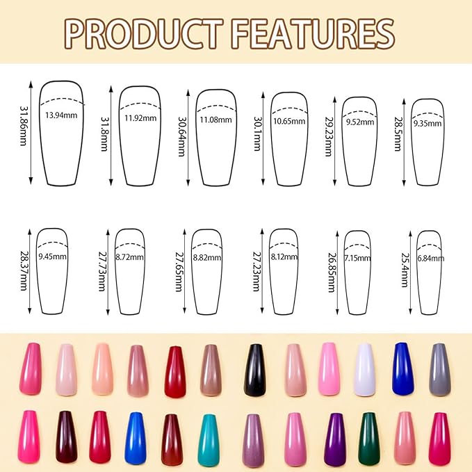 576Pcs Long Press on Nails Coffin Fake Nails Solid Color False Nails Full Cover Glossy Acrylic Glue on Nails 24 Color Reusable Artificial Nail Stick on Nail for Women Manicure