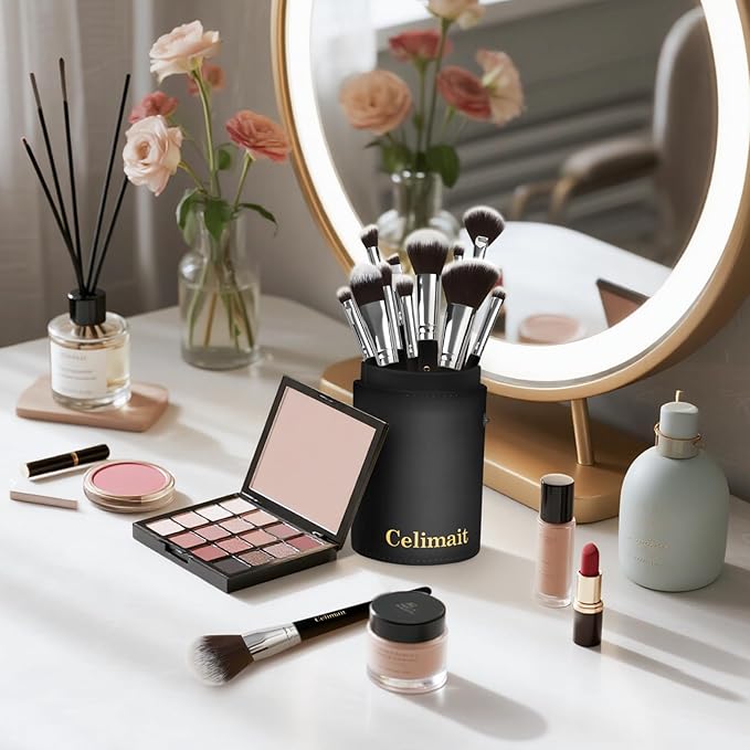 Makeup Brushes Set 12 Piece Professional & Beginner Friendly, Soft Synthetic Bristles for Face Eyeshadow Blending, Easy to Clean Travel Ready with Case, Ergonomic Wooden Handle (Dark Black)