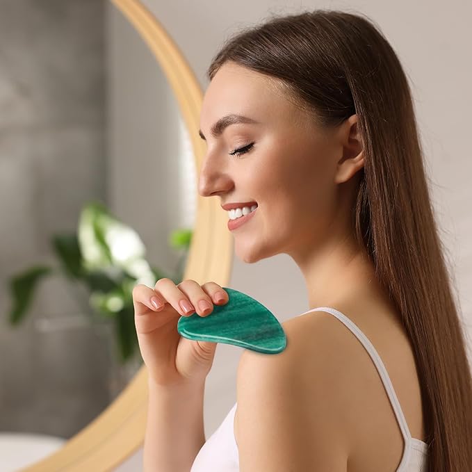 Dark Green Gua Sha Massage Tool, Natural Jade Scraping Facial Tool for Spa Acupuncture Therapy Using, Neck Beauty Slimming Massager for Face, Arms and Neck Massage