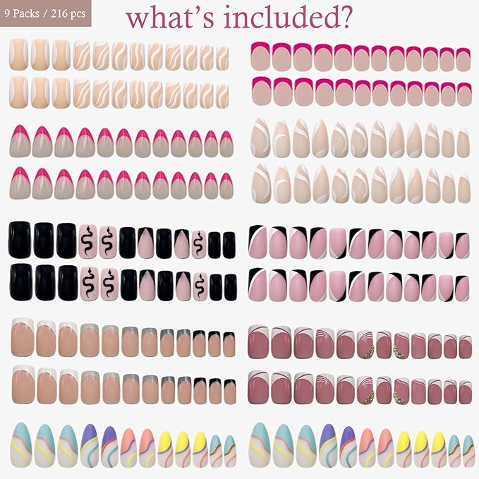 Swirl Press on Nails - 9 Styles, 12 Sizes - Almond, French Tip, Short Square Nails for Girl Nail Art