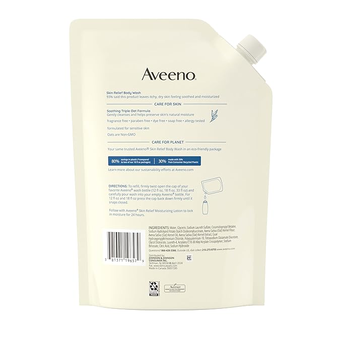 Aveeno Skin Relief Body Wash Fragrance-Free + Triple Oat Formula, Gentle Daily Cleanser for Sensitive Skin Leaves Itchy, Dry Skin Feeling Soothed & Moisturized, Body Wash Refill, 36 fl. oz