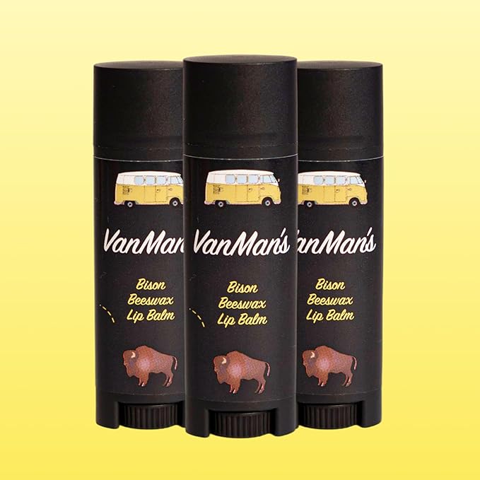VanMan Beeswax Lip Balm Tube – Organic Bison Tallow Balm with Grass-Fed and Finished Tallow, Sweet Almond Oil, Lanolin, and Beeswax – Hydrating Moisturizer for Dry Lips – Bison – 3 Tube Pack
