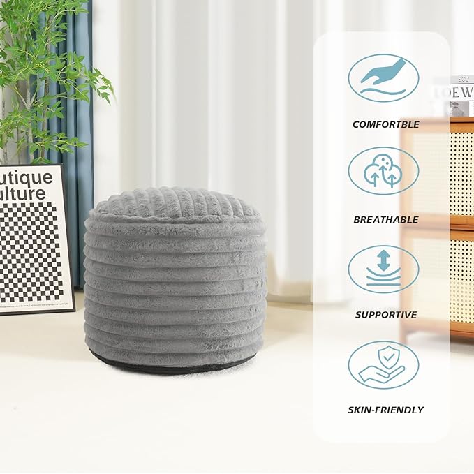 Pouf Ottoman Stuffed Round for Foot Rest, Faux Fur Poufs with Foam Chunk Filling, Storage Ottoman Pouf Foot Stool Cushion, 20 X 15 Inch Floor Chair for Living Room Bedroom Home Decor, Light Gray