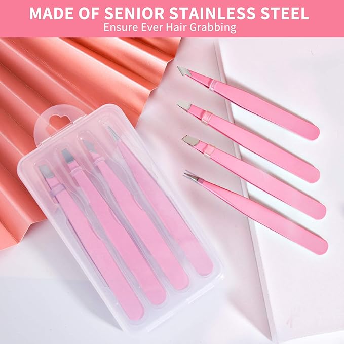 Tweezers Set 4-piece, Professional Stainless Steel Tweezers, Precision Tweezers for Eyebrows, Facial Hair, Ingrown Hair, Splinter, Blackhead and Tick Remover (PINK)