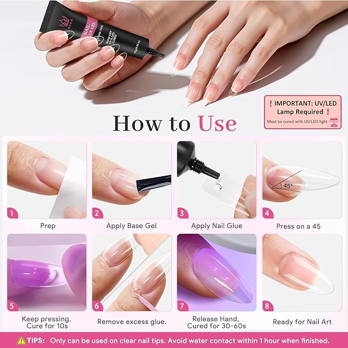 Nail Tips Gel Glue 15g - Lamp Curing Solid Nail Glue for False Acrylic Nails, Crystal Clear Long Lasting 28 Days No Yellowing Salon Quality DIY Home Beginner-friendly