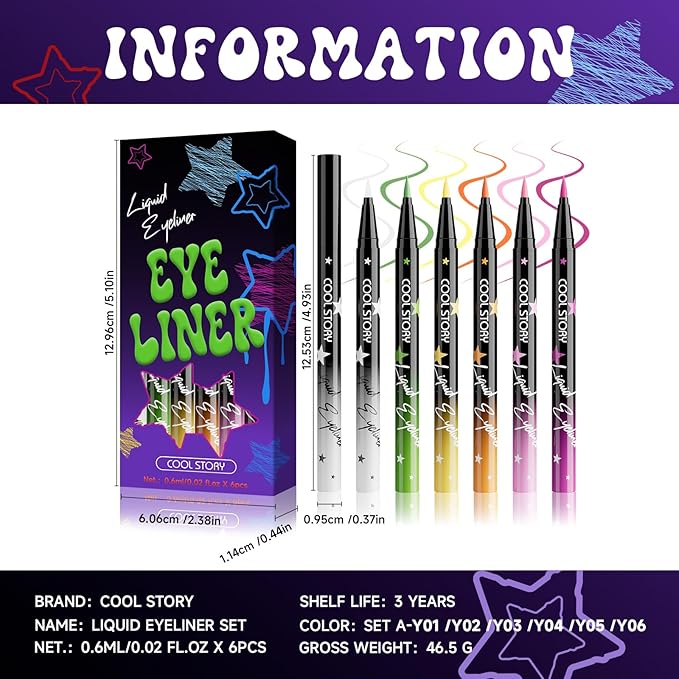 COOL STORY Liquid Eyeliner Waterproof Smudge Proof Eye Liner, 24H Long-Lasting, 0.6ml/0.02 fl.oz (SET-A)