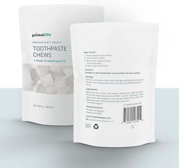 Primal Life Organics Premium Dirty Mouth Toothpaste Chews – Nano-Hydroxyapatite Whitening Toothpaste Tablets for Adults - Gluten Free, Vegan, Paleo - 60 Tablets in Bag - Sparkling Spearmint