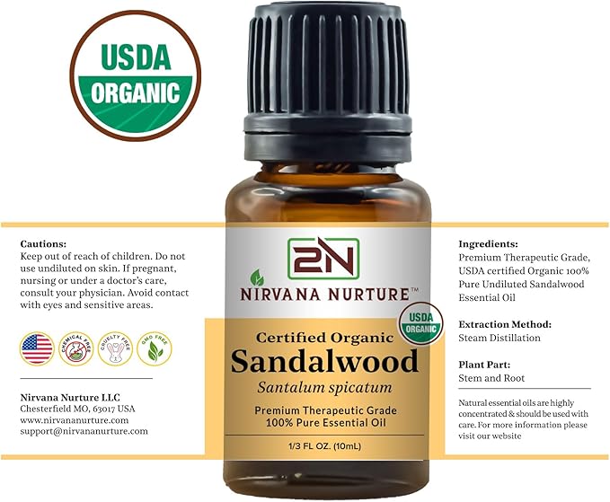 Sandalwood Essential Oil USDA Certified Organic 100% Pure Premium Therapeutic Grade, Undiluted - Aromatherapy Diffuser for Calm and Relaxation, Skin Care, Hair Care