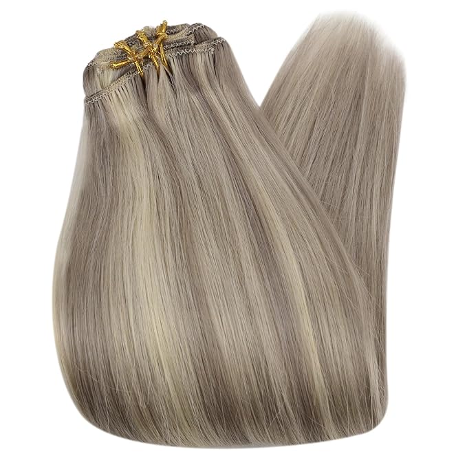 Full Shine Blonde Highlights Human Hair Extensions Clip ins 20 Inch Gray Highlights Platinum Blonde Remy Hair Clip in Extensions Silky Long Straight 120 Grams