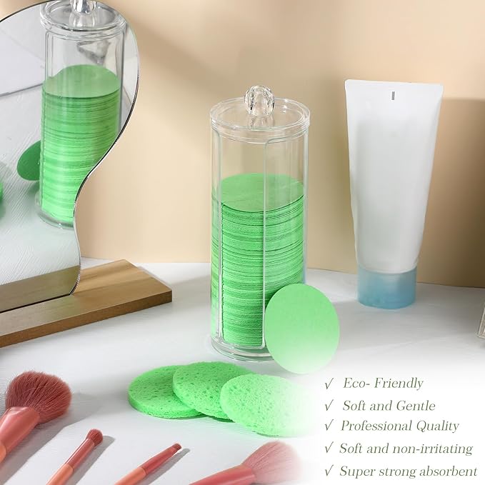 120 Pcs Compressed Facial Sponges Natural Face Exfoliator Disposable Face Sponges for Cleansing Round Soft Facial Scrubber Pads with Storage Container for Makeup Removal Travel (Green)
