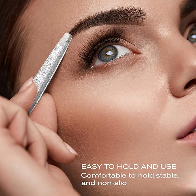 4-Pcs Glitter Stainless Steel Precision Tweezer Set for Eyebrows, Ingrown Hair & Lash Extensions (Bright Silver)