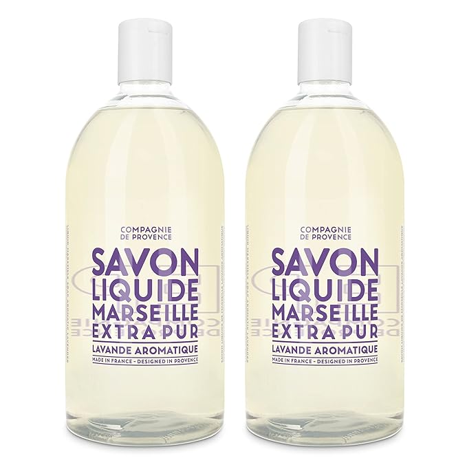 Compagnie de Provence Savon de Marseille Extra Pure Liquid Soap, Aromatic Lavender, Two 33.8 fl oz Plastic Bottle Refills