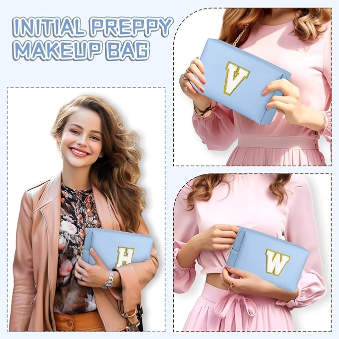 TOPEAST Initial Makeup Bags for Women, Personalized Portable Cosmetic Bag for Travel, Cute Makeup Pouch, PU Leather Waterproof Toiletry Bag, Preppy Things for Girl (Sky Blue V)