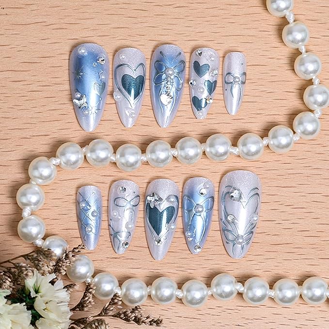 24Pcs Blue Almond Press on Nails Medium Bow Fake Nails with 3D Pearl Butterfly Heart Rhinestones Design Gradient Blue Glue on Nails Y2K Heart Star Acrylic Nails Bows False Nails for Women