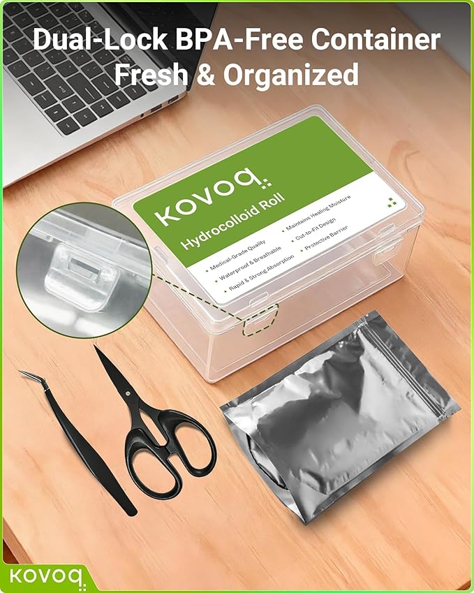 Hydrocolloid Roll Bandages for Wound Care, Kovoq Medical Grade Hydrocolloid Pimple Patches Tape Sterile and Waterproof, with DIY Size & Shape Tools Scissor and Tweezer (2in * 16ft)