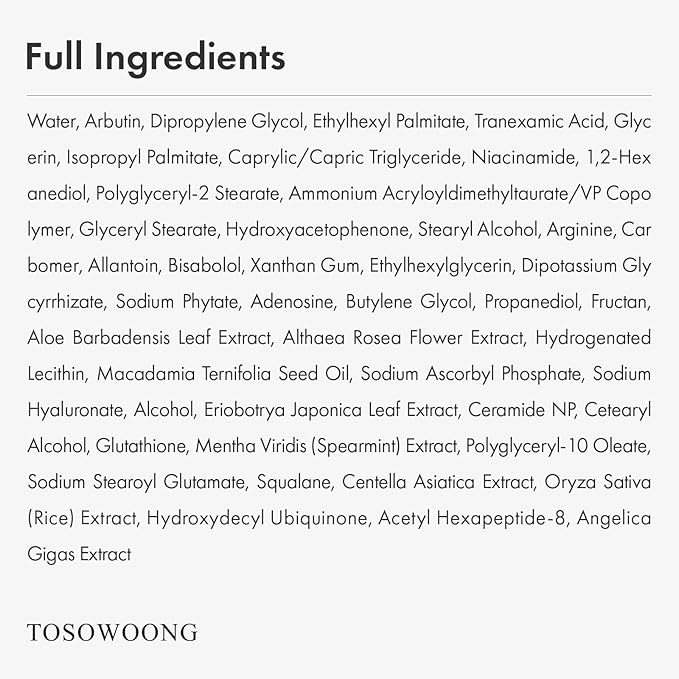 TOSOWOONG Arbutin 7% + Tranexamic Acid 4% Cream, 70,000ppm Arbutin, 40,000ppm TXA, Niacinamide, Glutathione, Dark Spots, Blemishes, Pigmentation, Korean Skin Care, 50ml, 1.69 fl.oz.